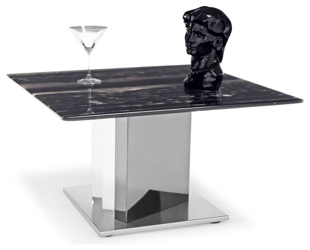 Nero Black and White Marble End Table with Polished Stainless Steel Base Contemporary Side