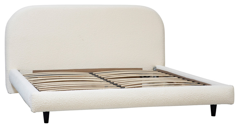 White Mod Boucle King Bed Frame Midcentury Platform Beds by