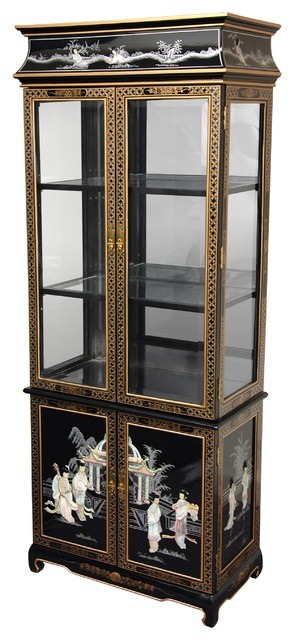 Lacquer Curio Cabinet Black Mother Of Pearl Ladies Asian