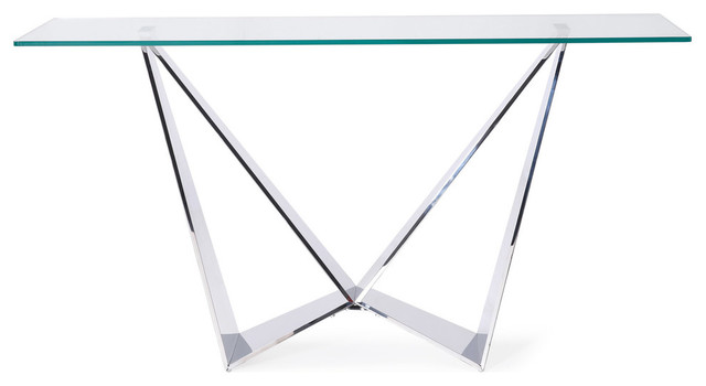 Modern Serra Console Table, Clear Glass With Polished Stainless Steel Base  - Contemporary - Console Tables - by Zuri Furniture | Houzz