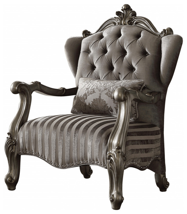33" Gray And Platinum Velvet Striped Tufted Wingback Chair