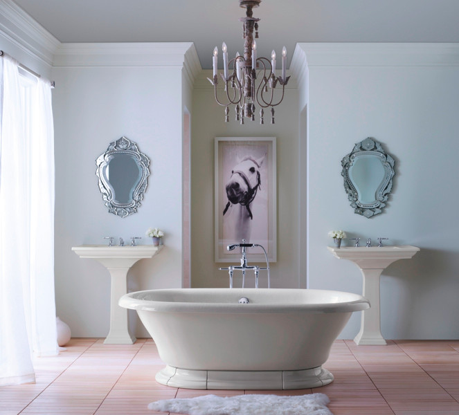 This is an example of a large traditional master bathroom in Dallas with a freestanding tub, an alcove shower, white walls, ceramic floors, a pedestal sink and pink floor.