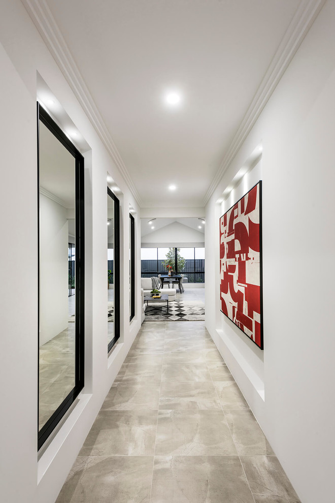 Large contemporary hallway in Perth with white walls, porcelain floors and beige floor.