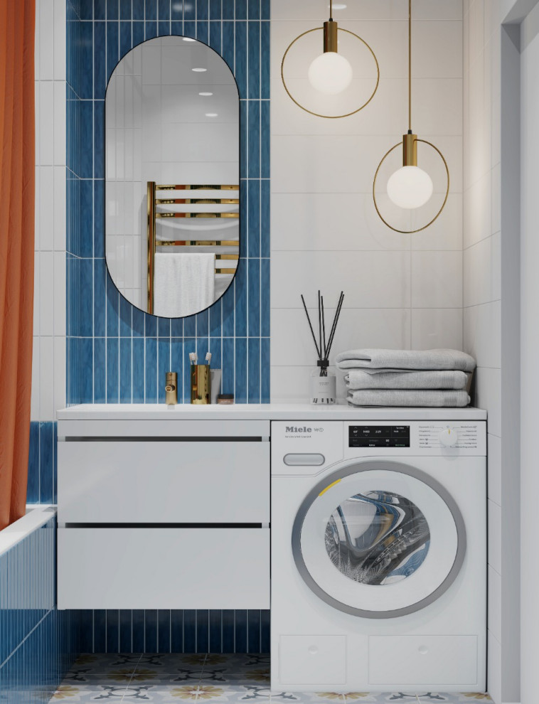 Photo of a small contemporary master bathroom with white cabinets, an alcove tub, a wall-mount toilet, white tile, ceramic tile, white walls, porcelain floors, an integrated sink, solid surface benchtops, multi-coloured floor, a shower curtain, white benchtops, a laundry, a single vanity and a floating vanity.