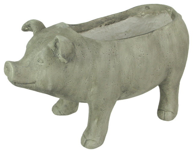 17 Inch Long Weathered Gray Finish Smiling Pig Planter