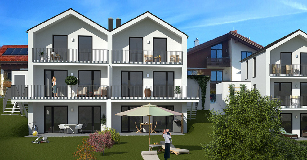 Diseño de fachada de casa bifamiliar blanca y negra actual grande de tres plantas con revestimiento de hormigón y tejado a dos aguas