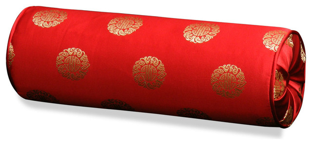 Red Silk Longevity Bolster Pillow Asian Decorative Pillows