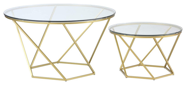 Set of 2 Coffee Table, Unique Geometric Golden Base With Rounded Top, Glass