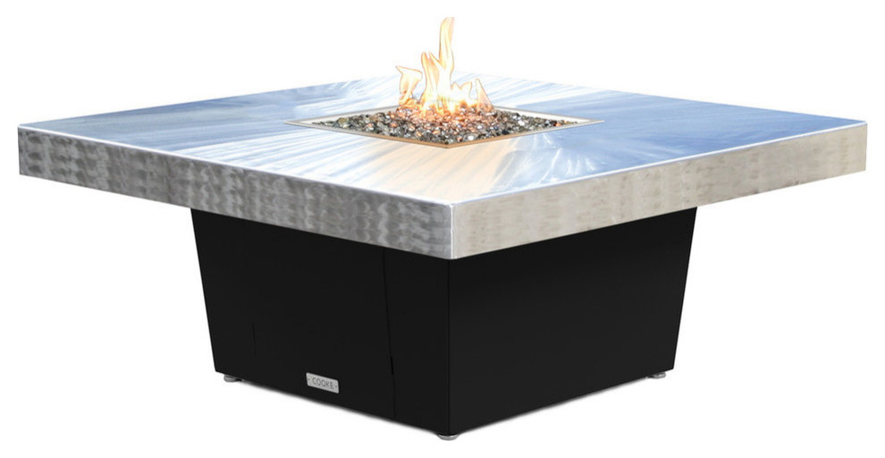 Square Fire Pit Table, 48x48, Chat Height, Propane, Brushed Aluminum Top, Black