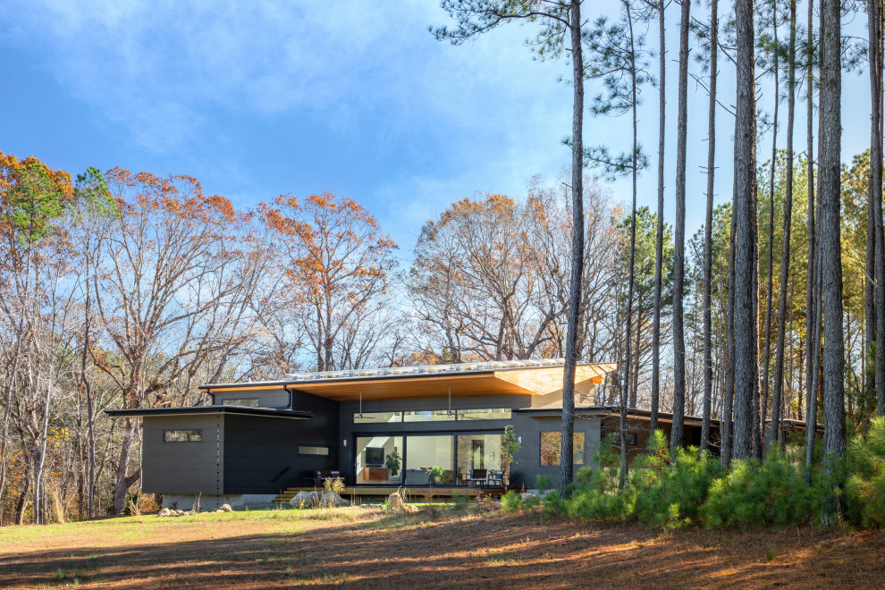 Mid-sized minimalist gray one-story mixed siding house exterior photo in Raleigh with a white roof