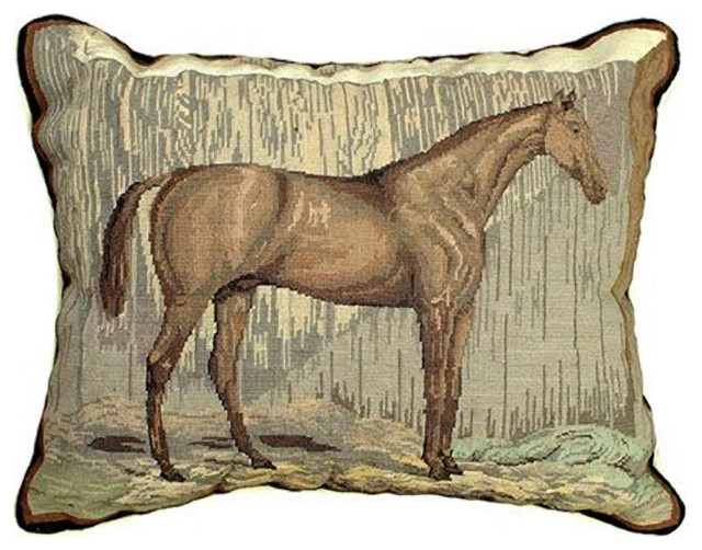 Throw Pillow Petit Point Horse 16x20 20x16 Beige Cotton Velvet Back