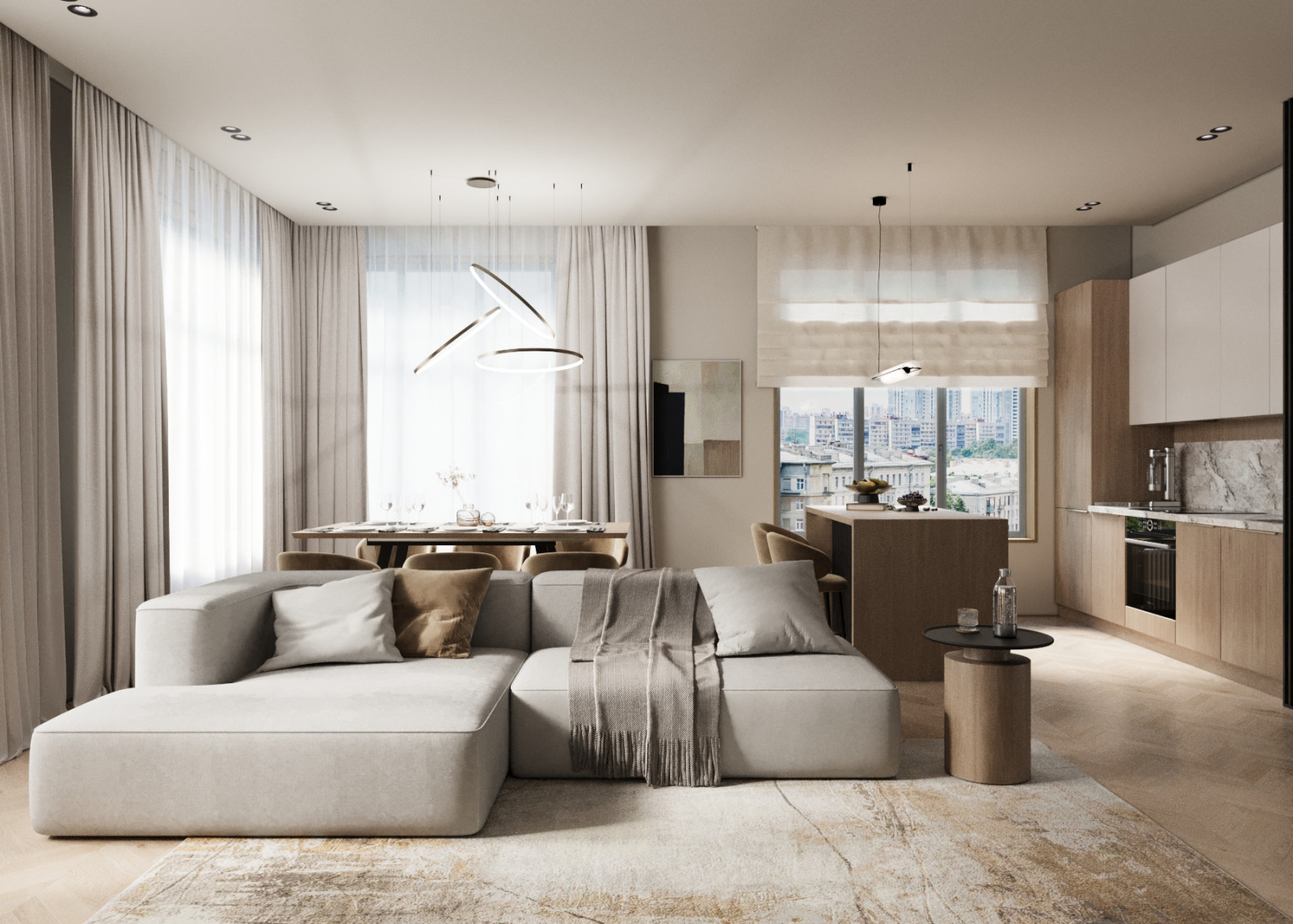 Современный минимализм кухня-гостинная