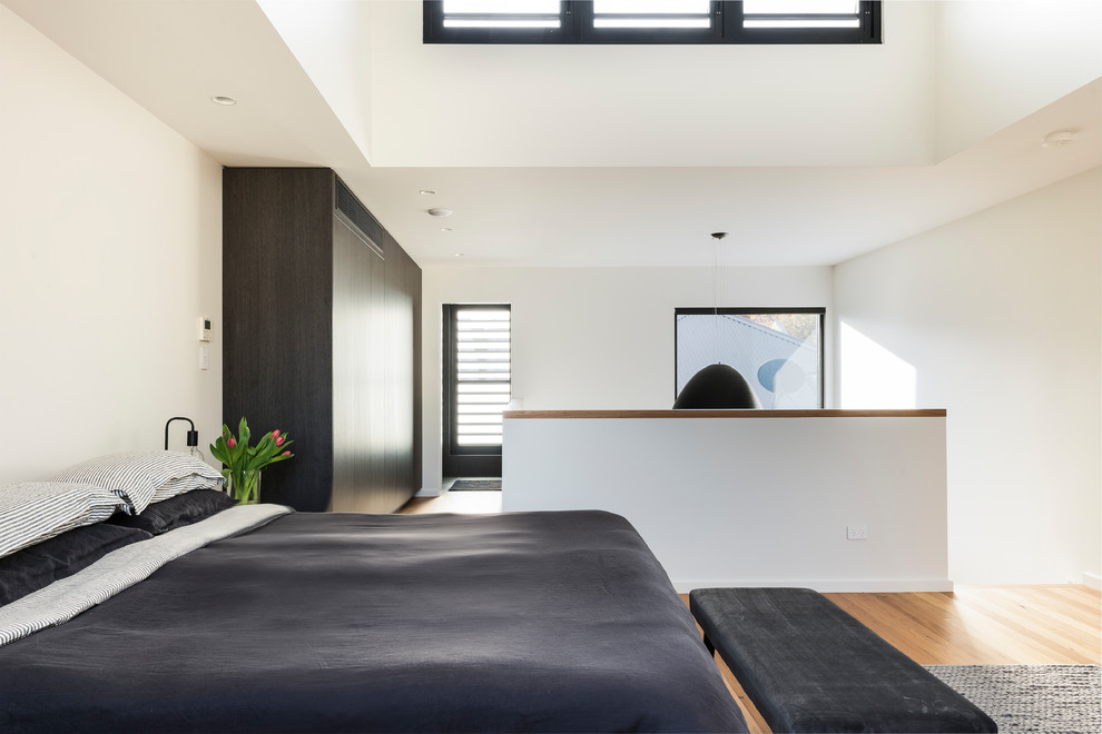 Photo of a mid-sized contemporary loft-style bedroom in Sydney with white walls and medium hardwood floors.