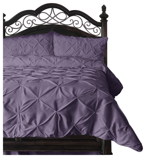 3-Piece Pinch Pleat Down Alternative Comforter Set, Purple, King