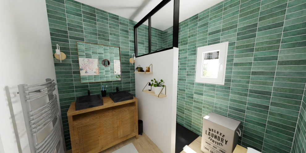 Design ideas for a small country master bathroom with a curbless shower, green tile, wood-look tile, a vessel sink, wood benchtops, an open shower, a double vanity and a freestanding vanity.