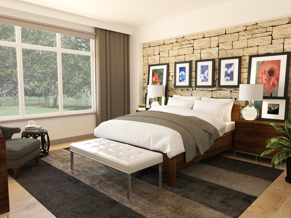 Inspiration for a mid-sized transitional master bedroom in Orange County with white walls, light hardwood floors, no fireplace and beige floor.