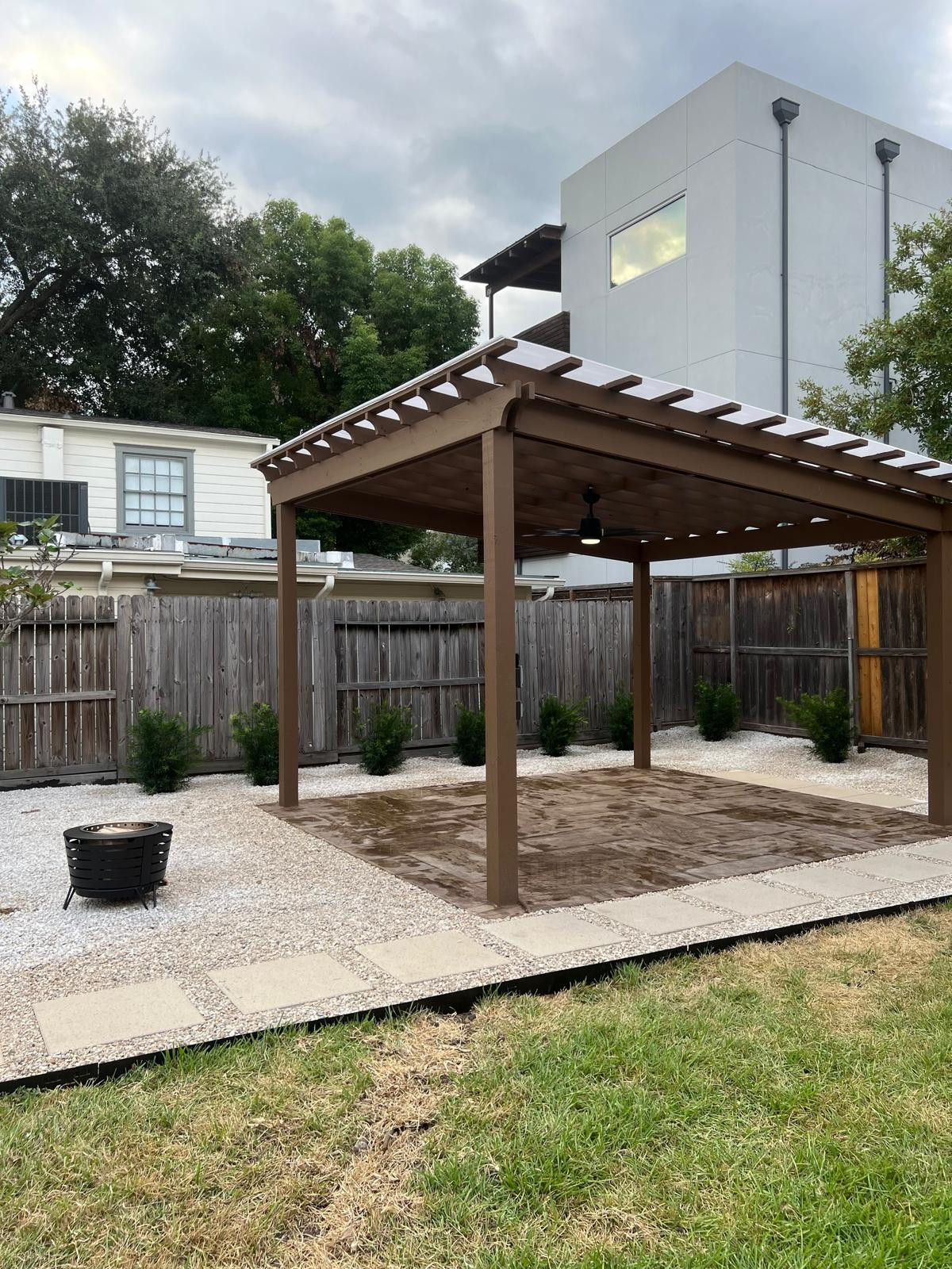 Beautiful stamped concrete patio with Pergola Cover on Haddon st!