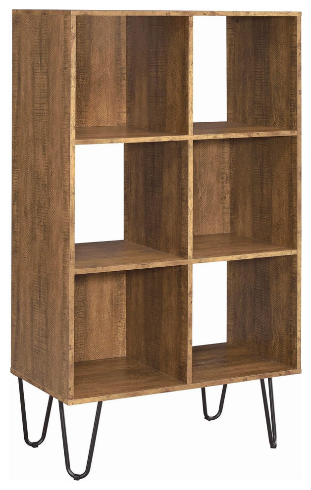 Wooden 6 Cubes Bookcase with Metal Hairpin Legs, Brown and Black