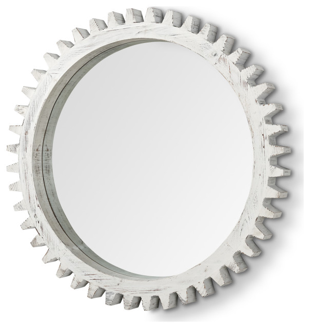 Sundance Off-White Solid Wood Frame Round Cog Mirror, 36