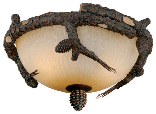 2l Led Bronze Rustic Pinecone Wood Semi Flush Ceiling Light Or Fan Kit Accessories By Lighting Front Houzz - Rustic Ceiling Light Fans
