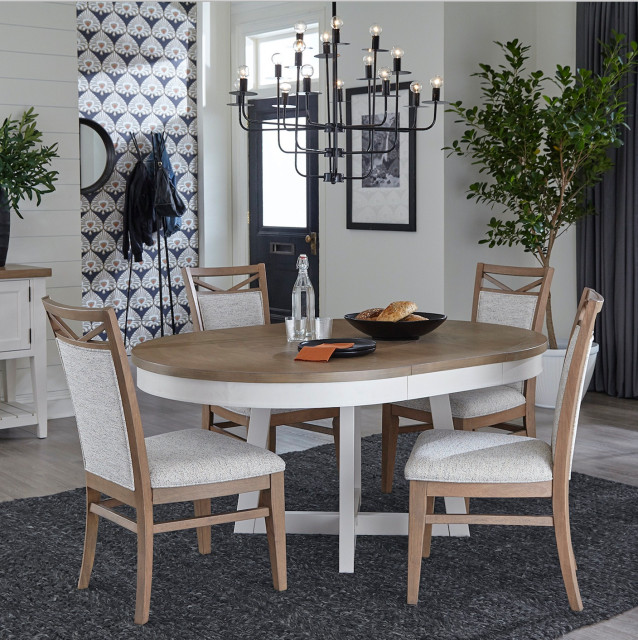 48" Round Extendable Dining Table and 4 Upholstered Chairs ...