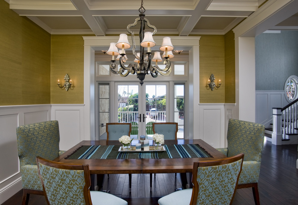 West Coast Hamptons - Elegant dark wood floor dining room photo in San Diego with green walls