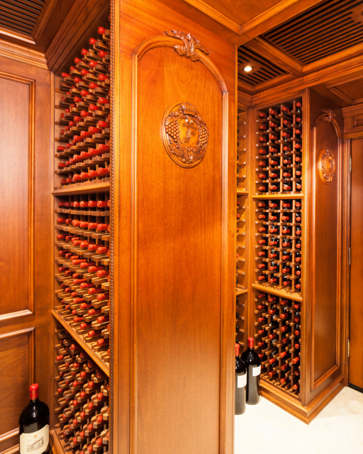 Vineyard inspired light mahogany wine cellar Franklin Lakes, NJ