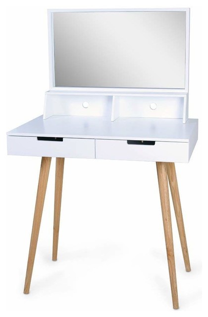 Contemporary Large Makeup Vanity Table Wood 2 Drawer And Mirror