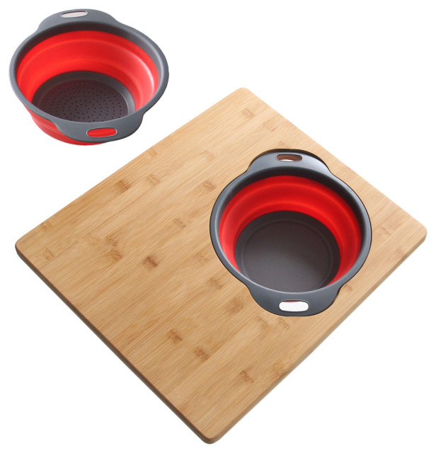 Azuni Bamboo Over the Sink Cutting Board With Collapsible Bowl and Collander