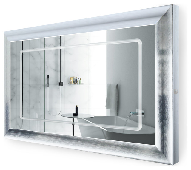 LED Lighted Silver Frame Bathroom Mirror With Defogger
