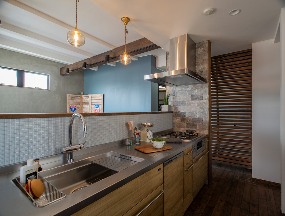 Mid-sized industrial single-wall open plan kitchen in Other with an integrated sink, stainless steel benchtops, dark hardwood floors, brown floor and brown benchtop.