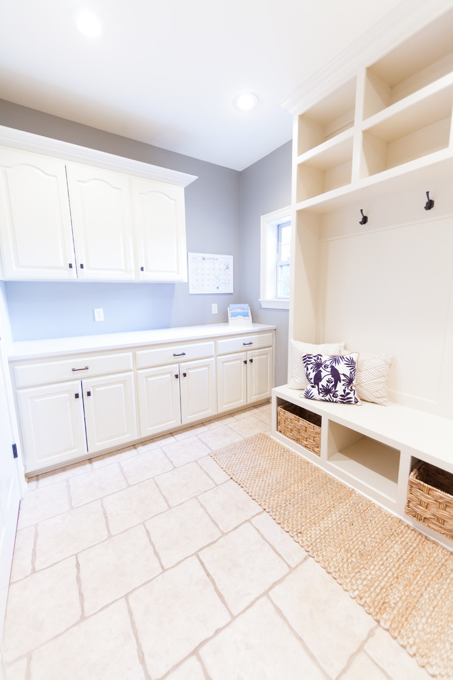 Mudroom - mid-sized transitional porcelain tile and white floor mudroom idea with gray walls