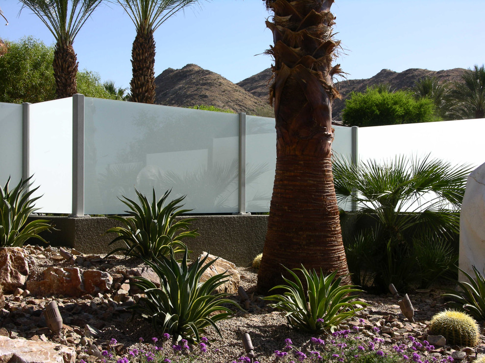 Design ideas for a large and desert look contemporary backyard full sun xeriscape in Other with decking.