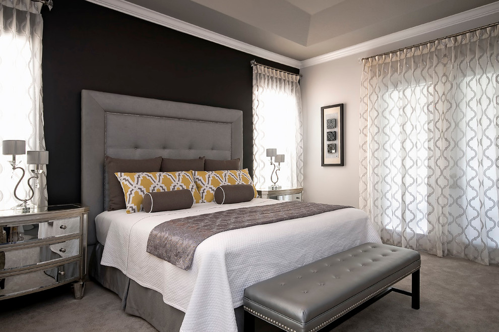 Contemporary bedroom in Baltimore with black walls and carpet.