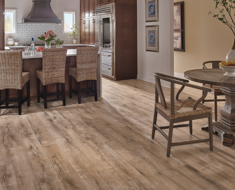 Kitchen - rustic light wood floor and beige floor kitchen idea