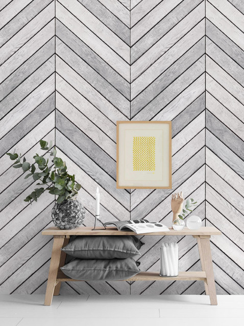 Chevron Grey White Wood Accent Mural Wall Art Wallpaper L And Stick Contemporary By Simple Shapes Houzz - Wood Accent Wall Chevron Pattern