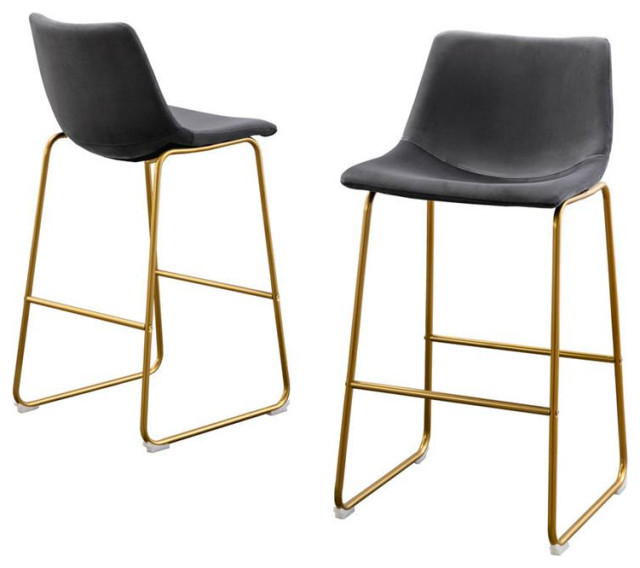 Double Bar Stools in Gray Velvet with Gold Chrome Base (Set of 2 ...