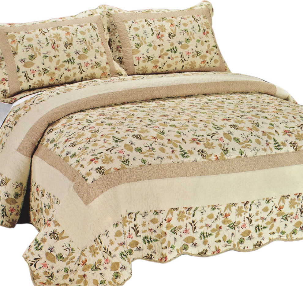 Felicity Cotton 3PC Floral VermicelliQuilted Printed Quilt Set Full