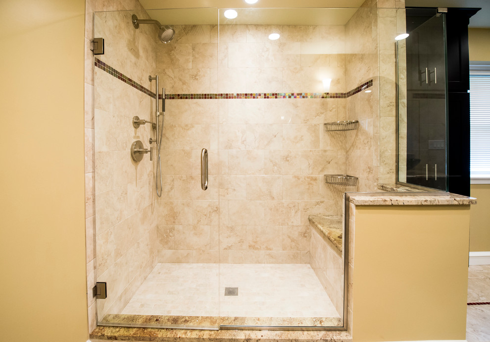Large contemporary bathroom in Philadelphia with a vessel sink, shaker cabinets, dark wood cabinets, granite benchtops, an open shower, a two-piece toilet, beige tile, ceramic tile, orange walls and porcelain floors.