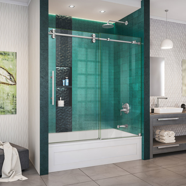 Enigma Xo 55 59x62 Frameless Sliding Tub Door Oil Rubbed Bronze Enigma Xo 55 59x62 Frameless Sliding Tub Door Oil Rubbed Bronze Contemporary Shower Stalls And Kits By Dreamline