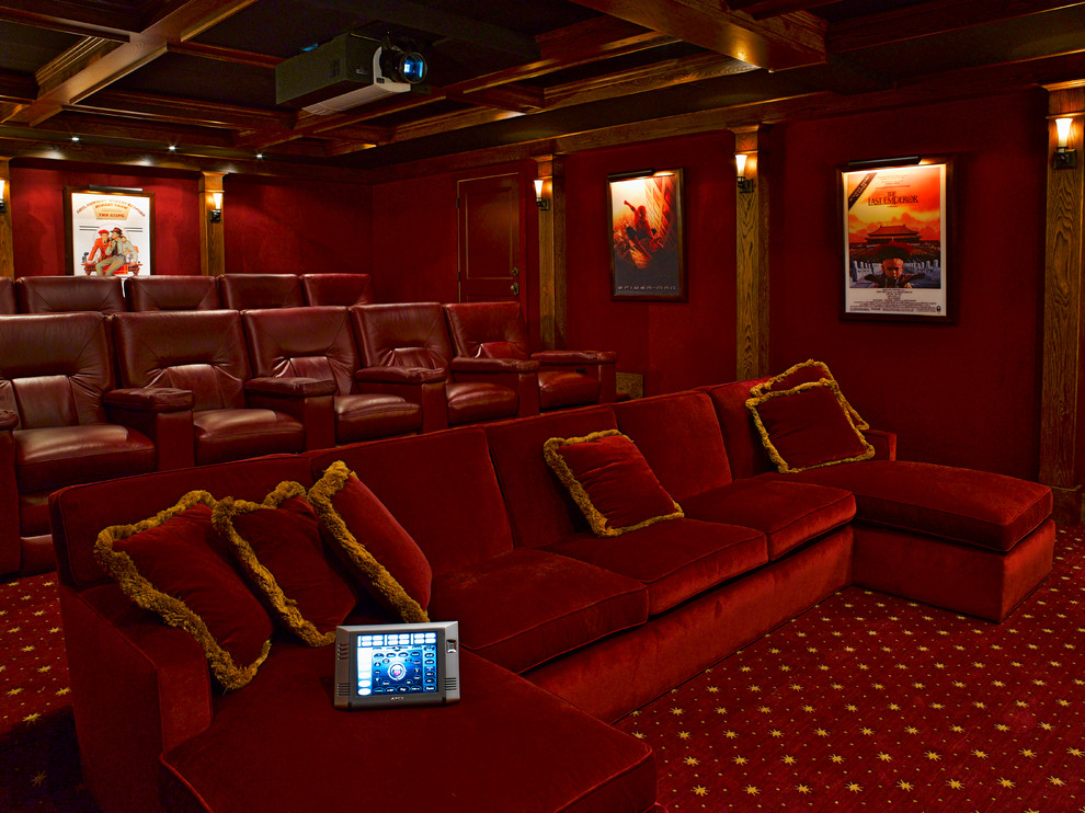 Photo of a beach style home theatre in Boston with red walls.