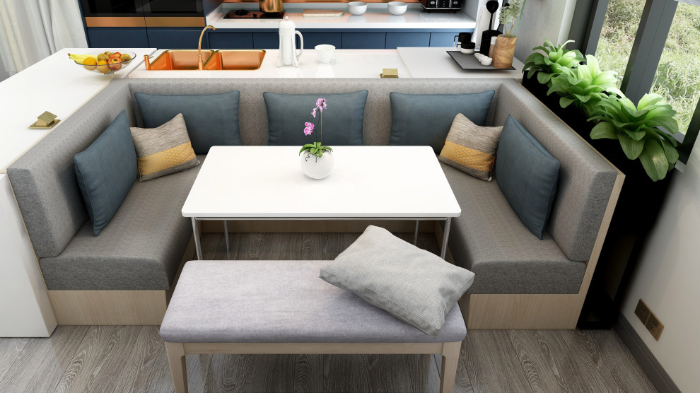 Foto di una sala da pranzo aperta verso la cucina moderna con pareti bianche, pavimento in laminato e pavimento grigio