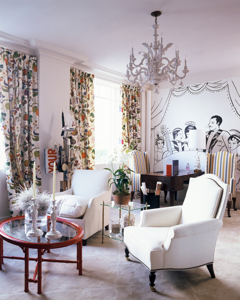 This is an example of an eclectic living room in Miami with white walls.