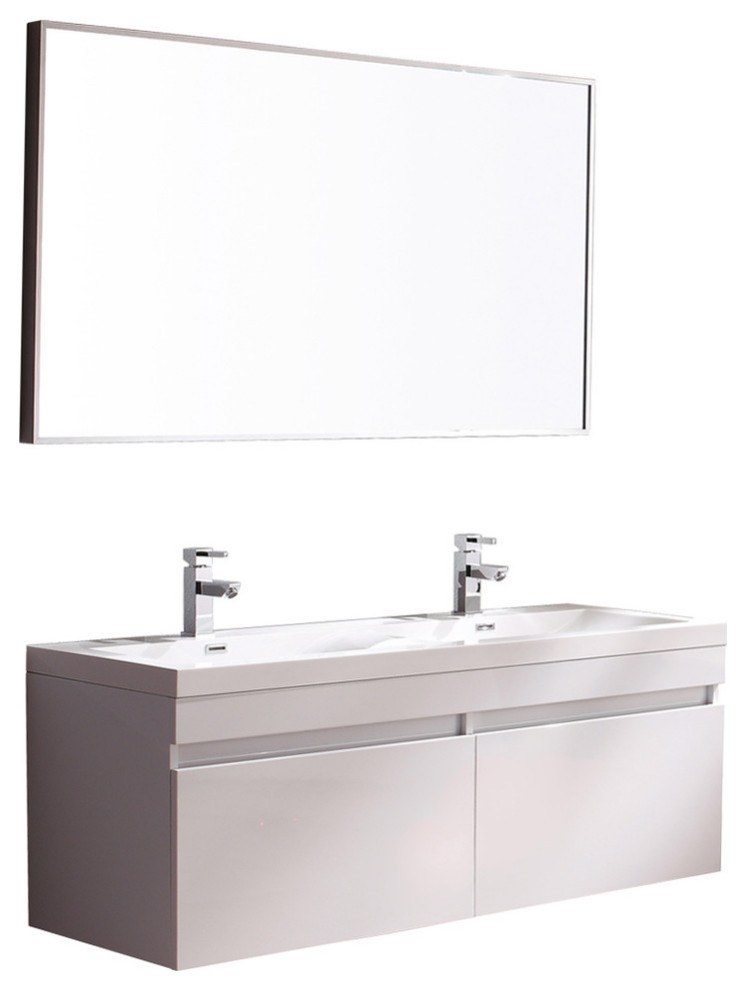Fresca Largo 57" White Modern Bathroom Vanity w/ Wavy Double Sinks, 56.