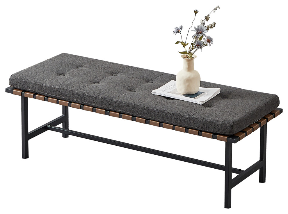 Woven Leather Bench with Cushion, Brown Grey, 48in
