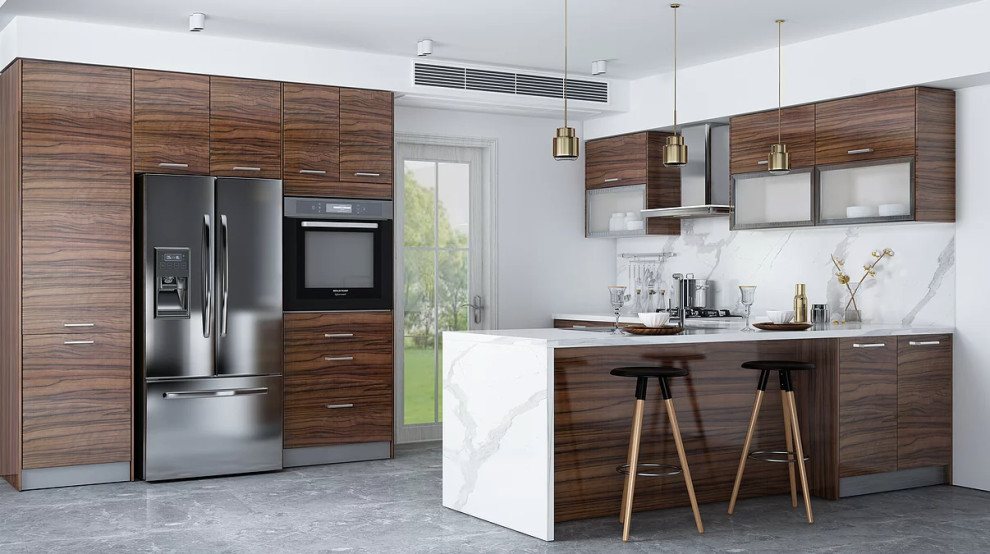 Inspiration for a small contemporary u-shaped kitchen/diner in Miami with a submerged sink, flat-panel cabinets, dark wood cabinets, marble worktops, white splashback, marble splashback, stainless steel appliances, porcelain flooring, an island, grey floors, white worktops and a vaulted ceiling.