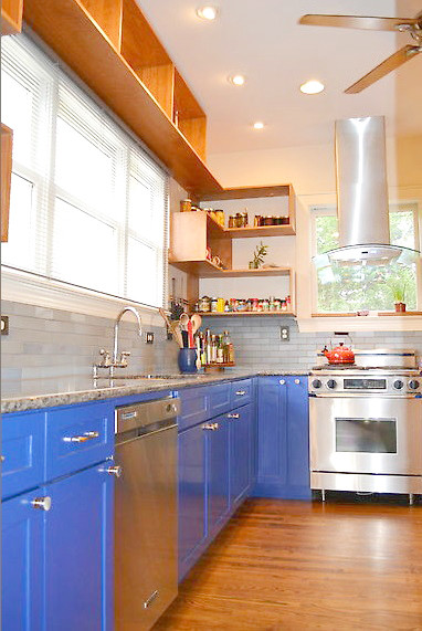 Kitchen pantry - mid-sized contemporary u-shaped light wood floor kitchen pantry idea with a double-bowl sink, shaker cabinets, blue cabinets, granite countertops, gray backsplash, ceramic backsplash and stainless steel appliances