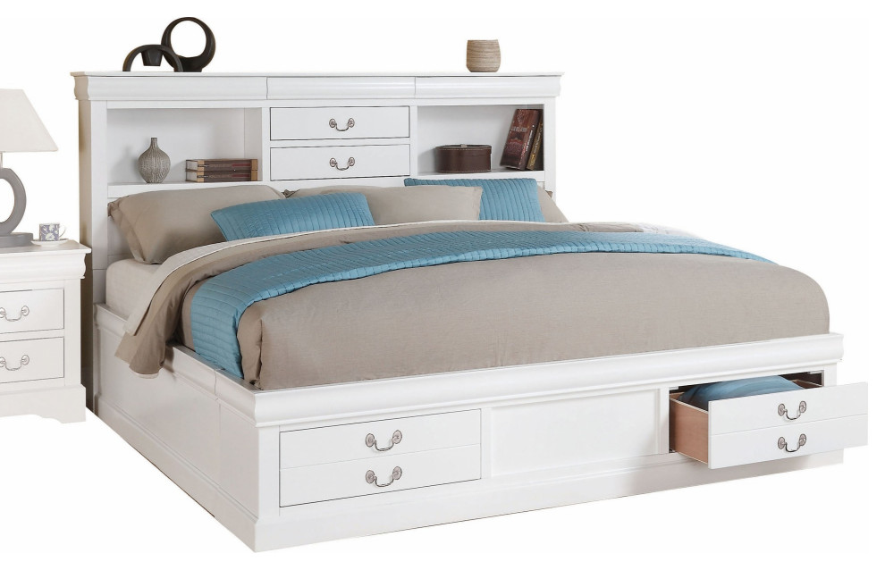 HomeRoots White Wooden Queen Bed With Storage Transitional Platform