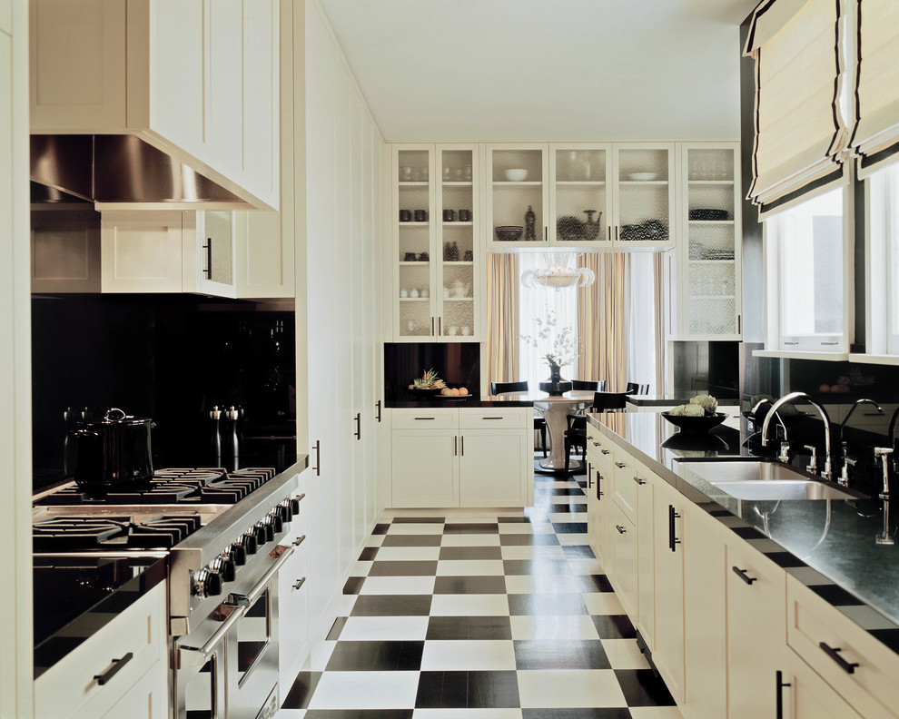 This is an example of an expansive traditional kitchen in San Francisco with multi-coloured floor.