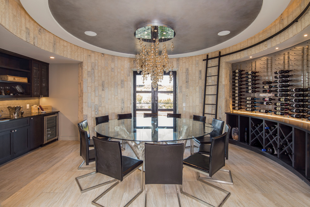 Design ideas for a large contemporary wine cellar in Austin with travertine floors and storage racks.